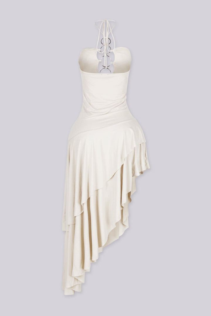 Stretch halter midi dress with ruched sweetheart bust and gold ring hardware details