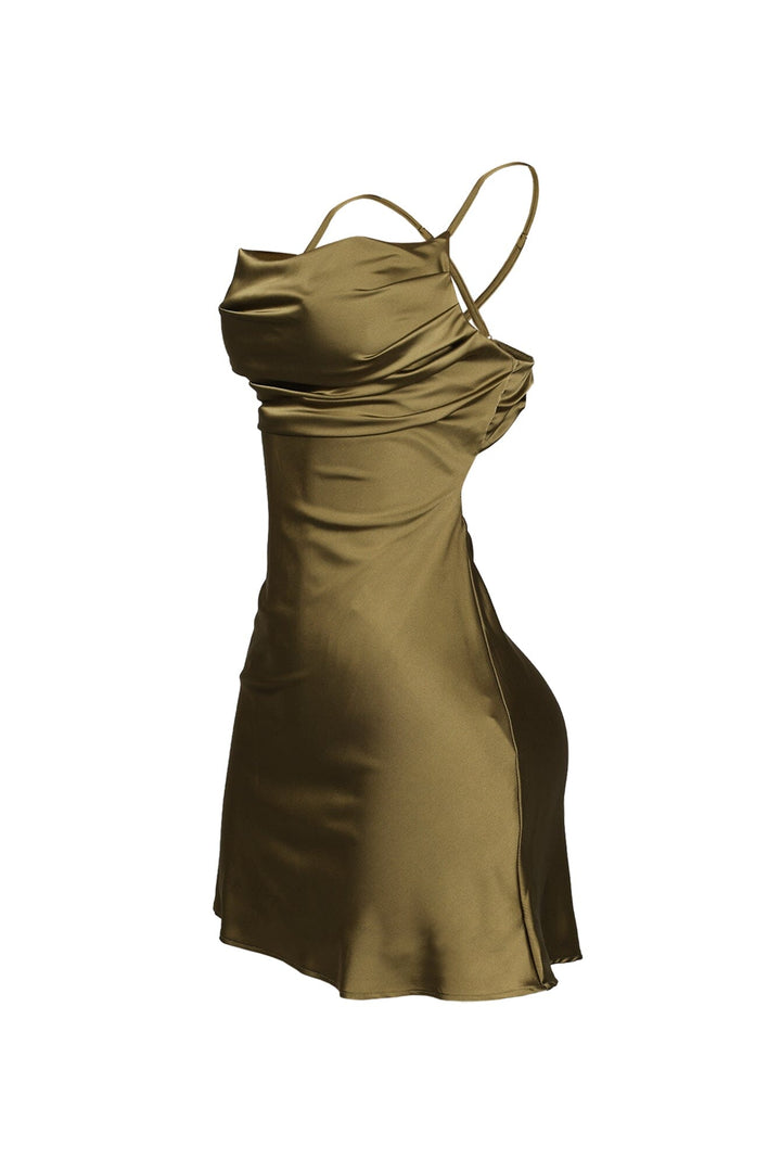 EDGE — moss satin cowl neck mini dress, side view flat lay