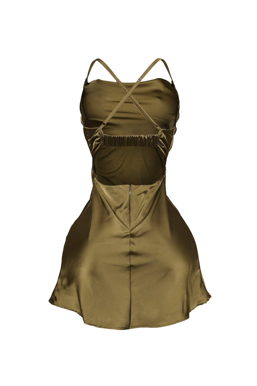 EDGE — moss satin cowl neck mini dress, back view flat lay