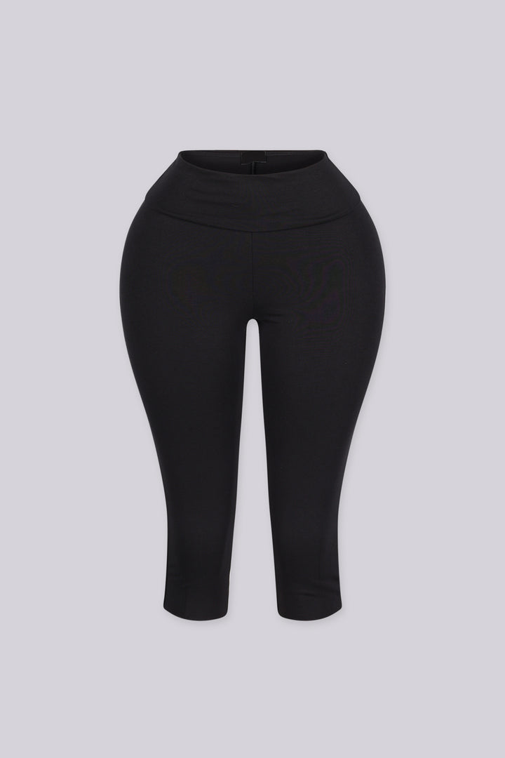 High waisted wide ribbed waistband capri leggings, Stretch fabric with a smooth compressive feel