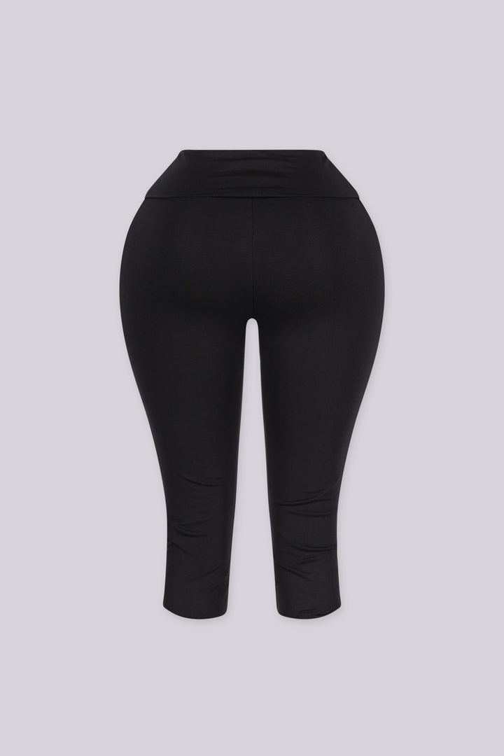 High waisted wide ribbed waistband capri leggings, Stretch fabric with a smooth compressive feel