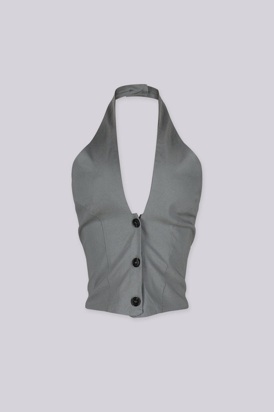 Adjustable halter neck vest top featuring open back with buckle strap detailing
