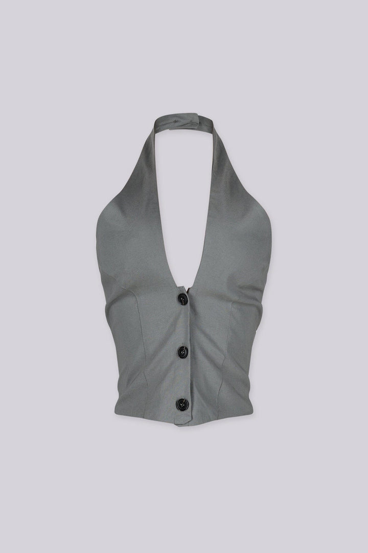 Adjustable halter neck vest top featuring open back with buckle strap detailing