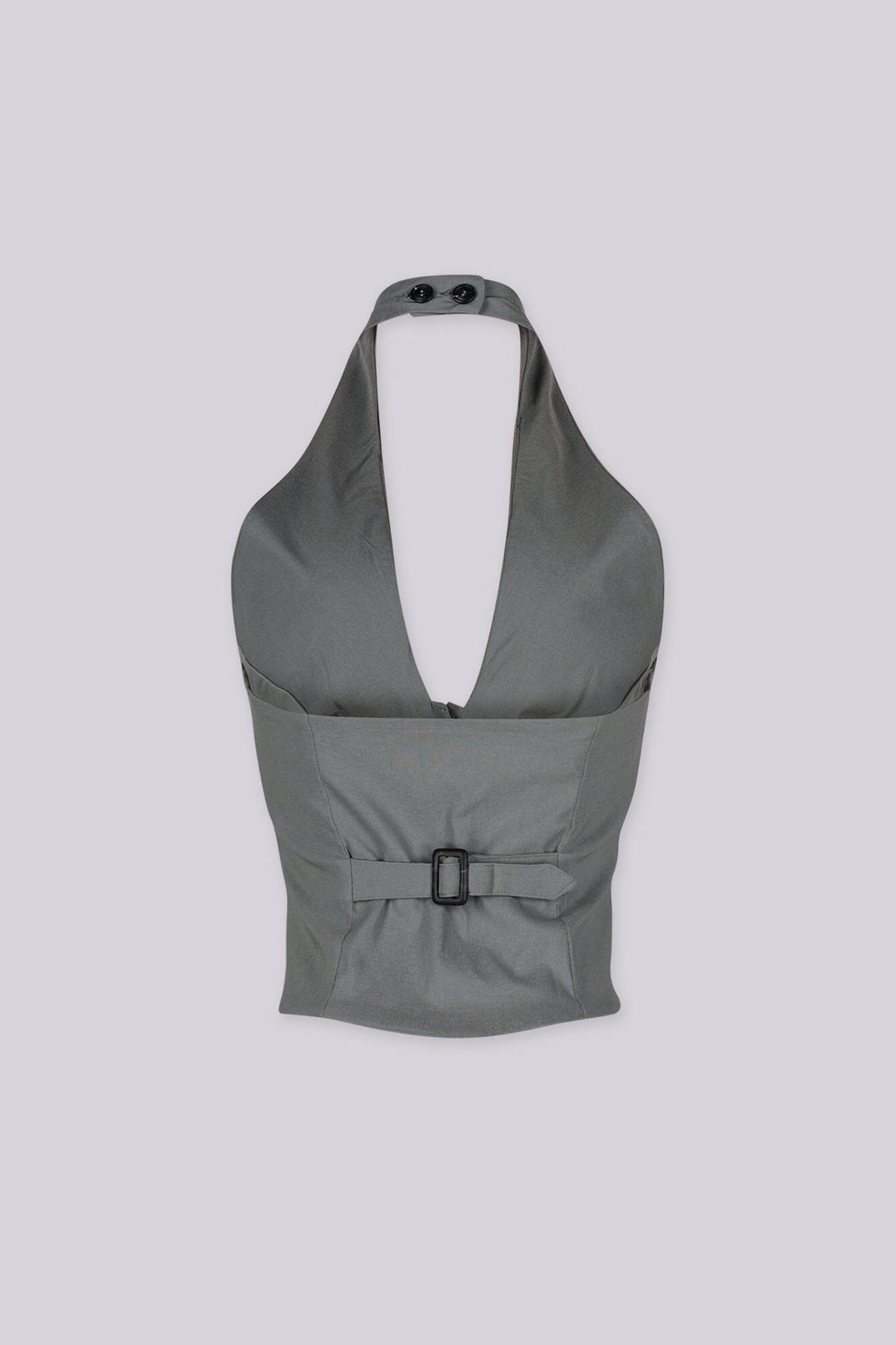 Adjustable halter neck vest top featuring open back with buckle strap detailing