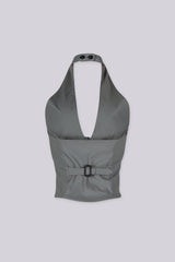 Adjustable halter neck vest top featuring open back with buckle strap detailing
