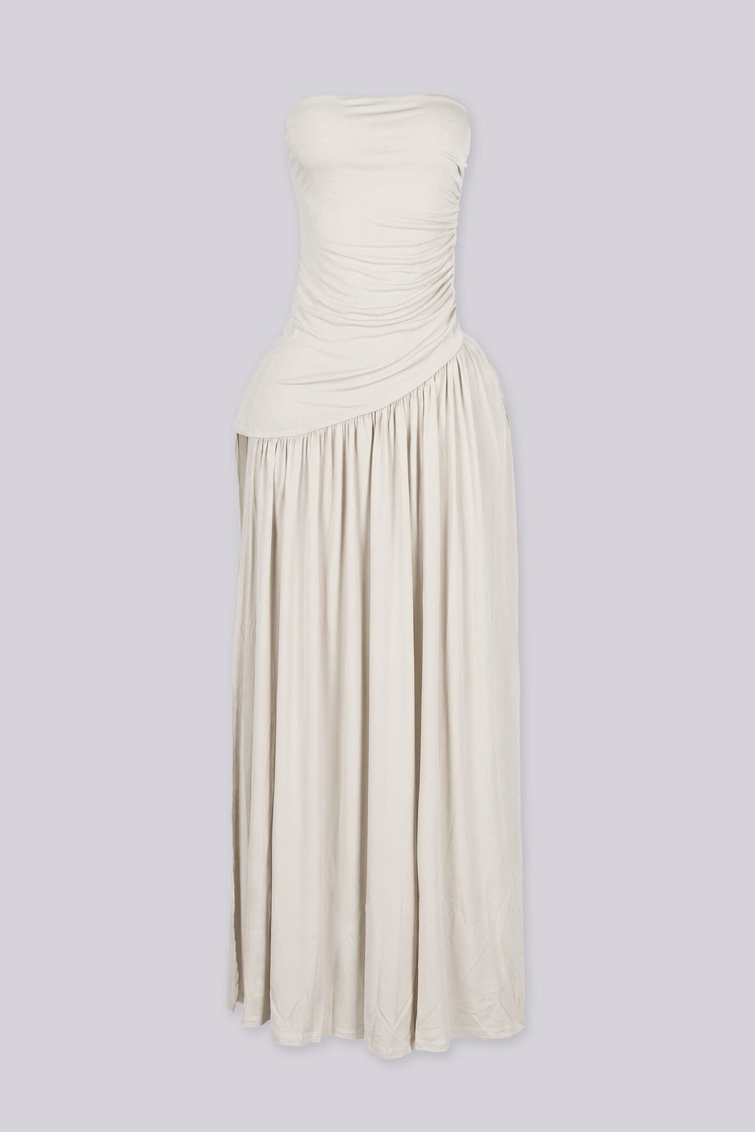 Strapless maxi dress with ruched bodice, Asymmetric waistband detail featuring pleated flowing