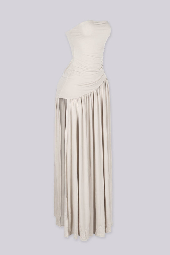 Strapless maxi dress with ruched bodice, Asymmetric waistband detail featuring pleated flowing