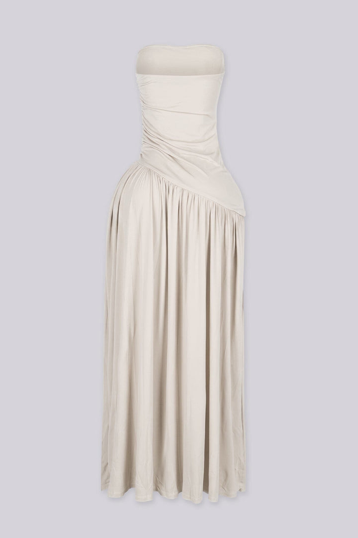 Strapless maxi dress with ruched bodice, Asymmetric waistband detail featuring pleated flowing