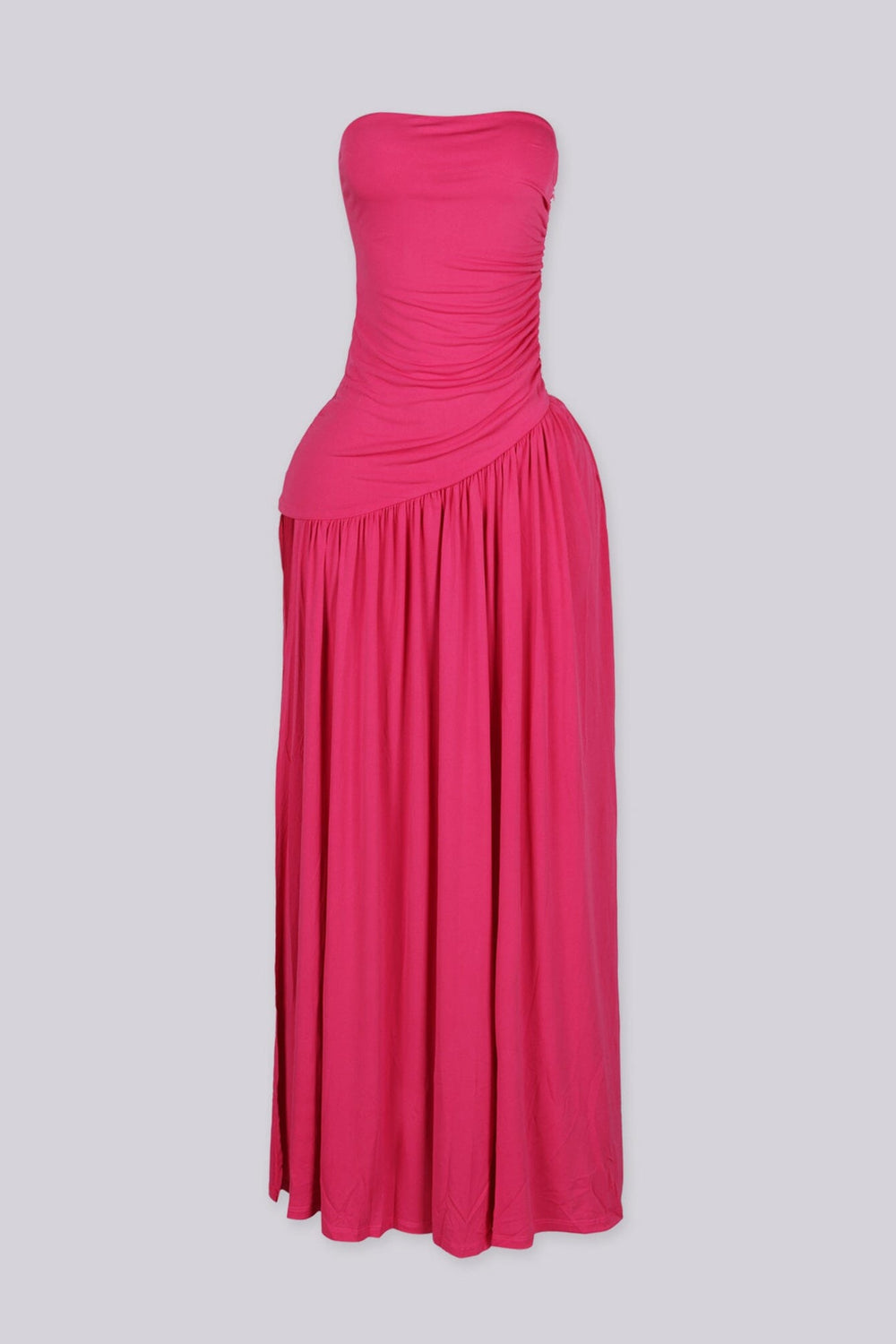 Strapless maxi dress with ruched bodice, Asymmetric waistband detail featuring pleated flowing
