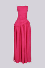 Strapless maxi dress with ruched bodice, Asymmetric waistband detail featuring pleated flowing