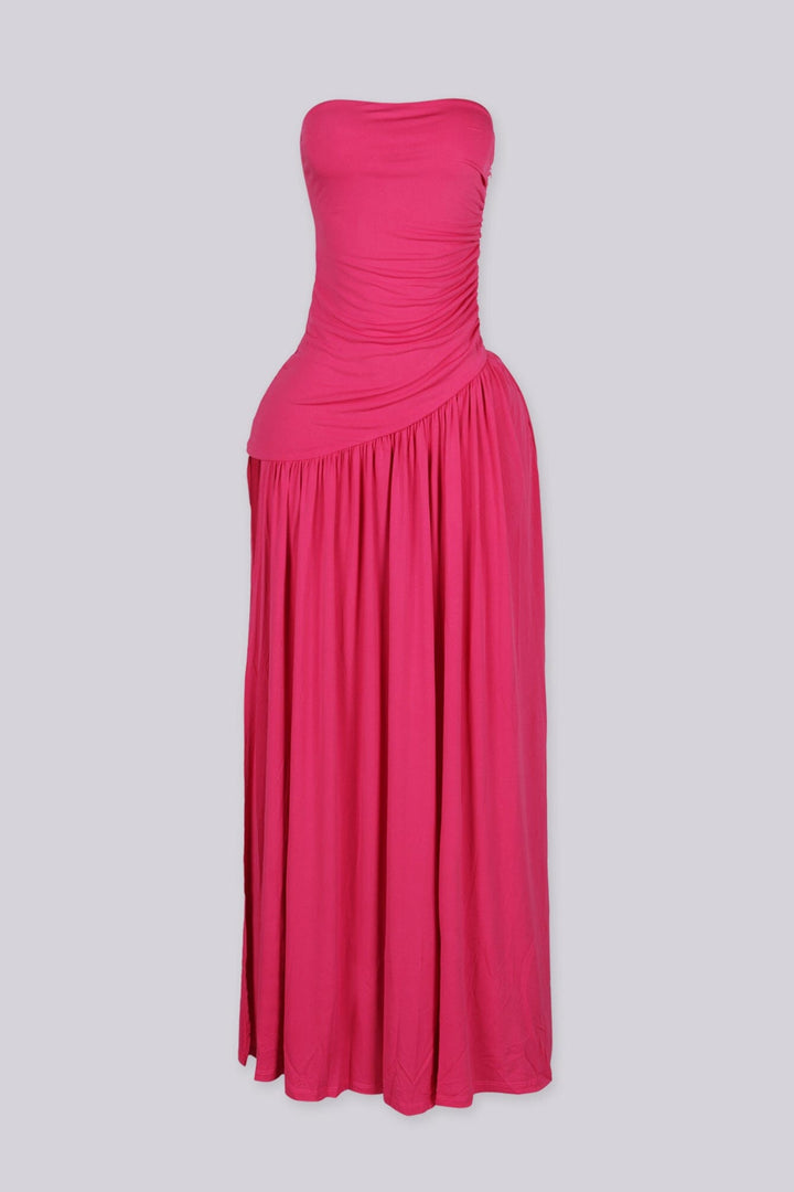 Strapless maxi dress with ruched bodice, Asymmetric waistband detail featuring pleated flowing