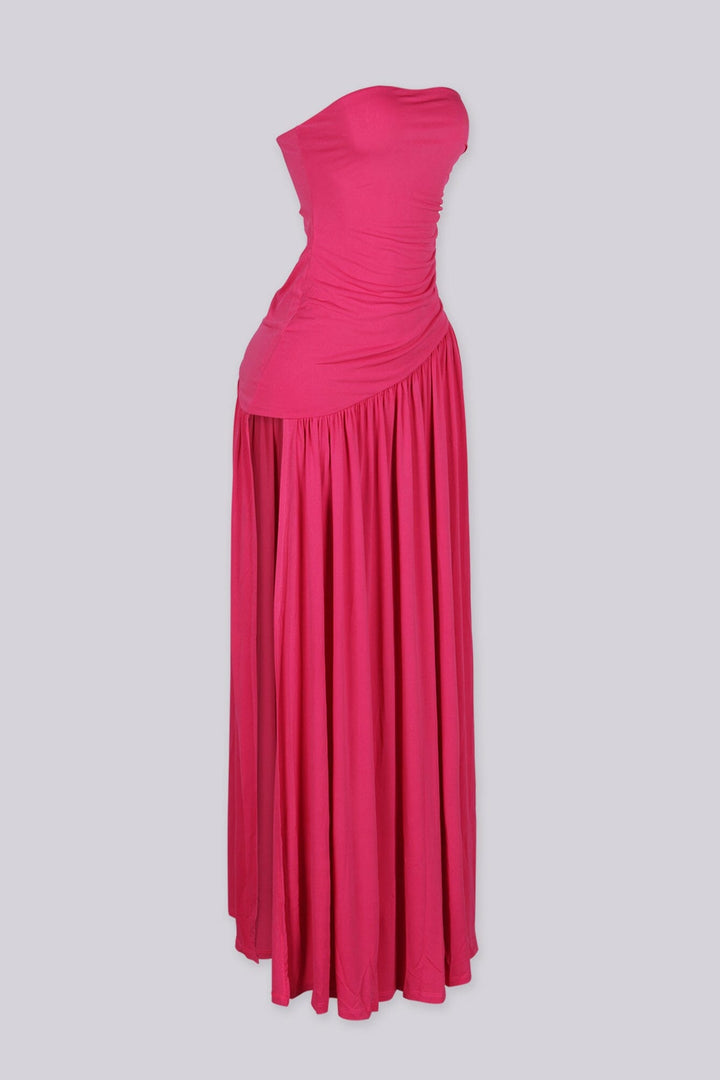 Strapless maxi dress with ruched bodice, Asymmetric waistband detail featuring pleated flowing