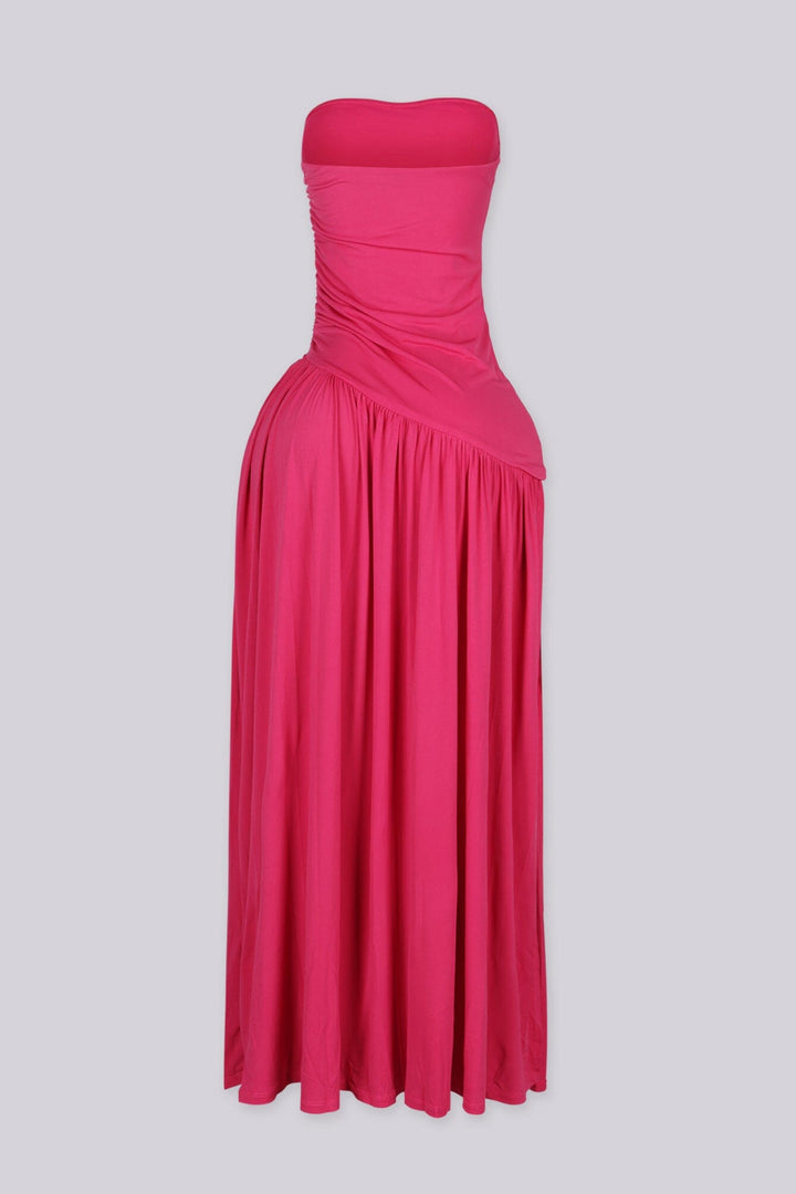 Strapless maxi dress with ruched bodice, Asymmetric waistband detail featuring pleated flowing