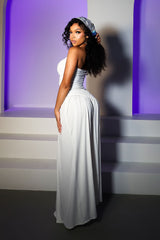 Strapless maxi dress with ruched bodice, Asymmetric waistband detail featuring pleated flowing