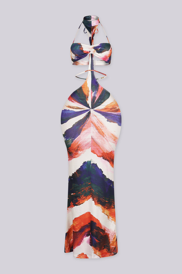 Abstract print halter neckline maxi dress with separate bikini top