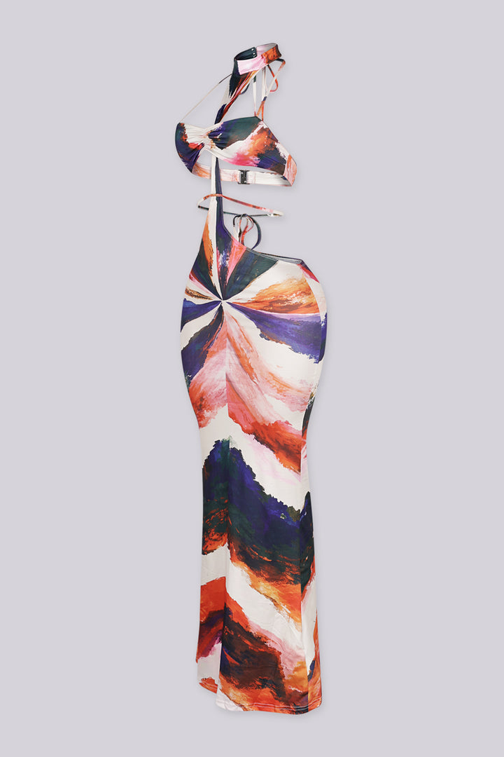 Abstract print halter neckline maxi dress with separate bikini top