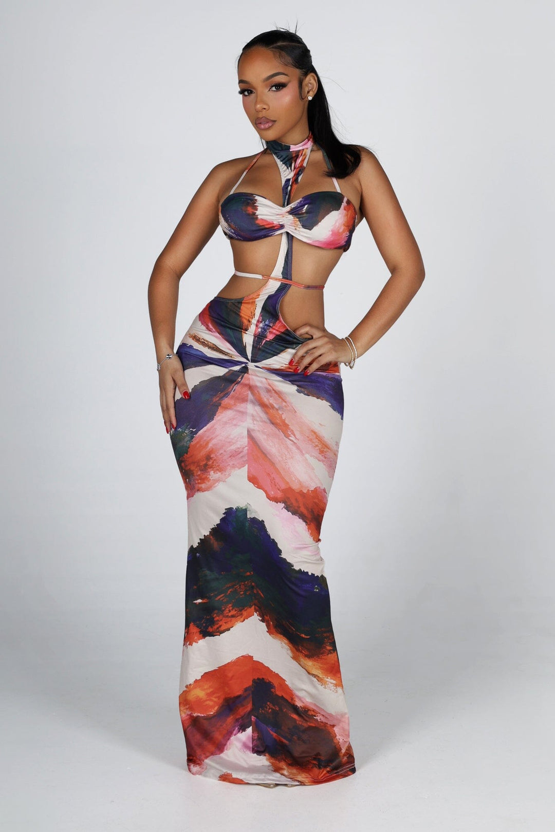 Abstract print halter neckline maxi dress with separate bikini top