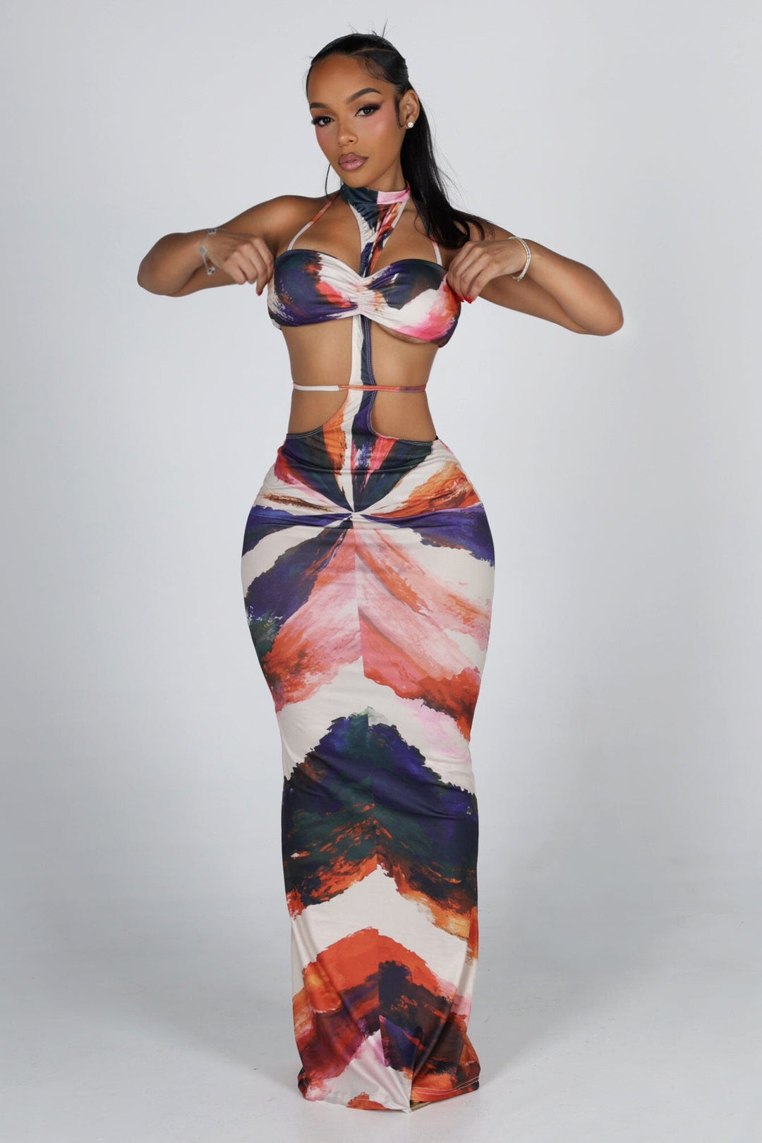 Abstract print halter neckline maxi dress with separate bikini top