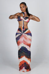 Abstract print halter neckline maxi dress with separate bikini top