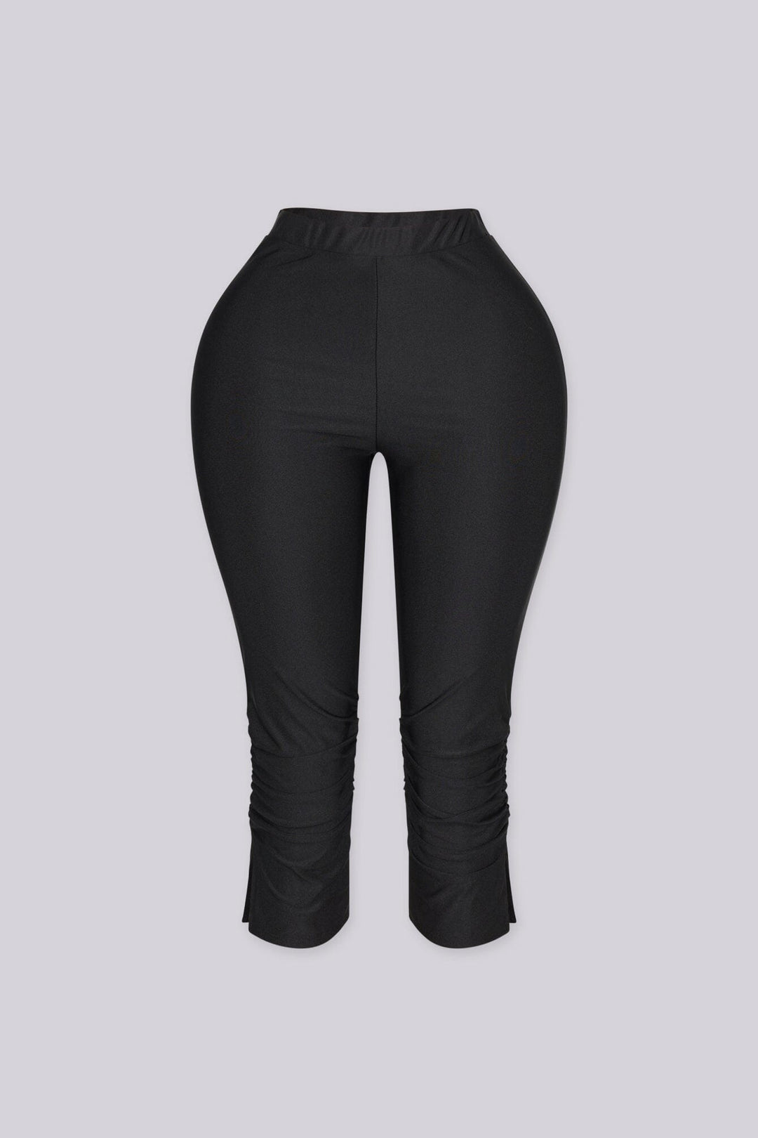 High waist capri pants with side ruched detail and side slit, Nylon elastic material, Slip on closure