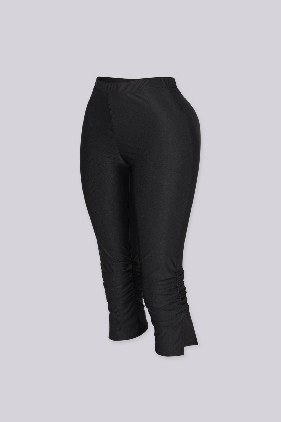 High waist capri pants with side ruched detail and side slit, Nylon elastic material, Slip on closure