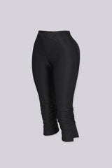 High waist capri pants with side ruched detail and side slit, Nylon elastic material, Slip on closure