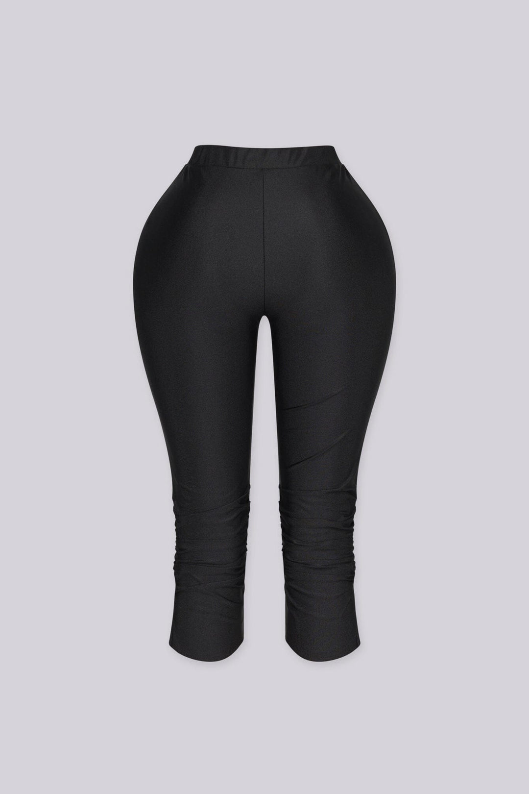 High waist capri pants with side ruched detail and side slit, Nylon elastic material, Slip on closure