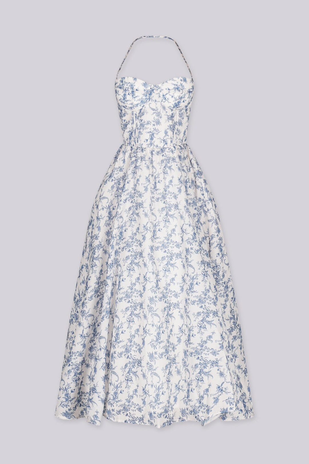 EDGE — light blue floral print halter midi dress with a smocked bodice, front view flat lay