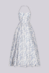 EDGE — light blue floral print halter midi dress with a smocked bodice, front view flat lay