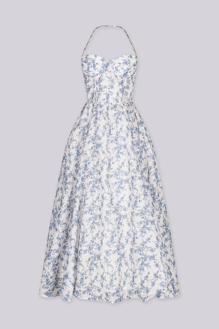 EDGE — light blue floral print halter midi dress with a smocked bodice, front view flat lay