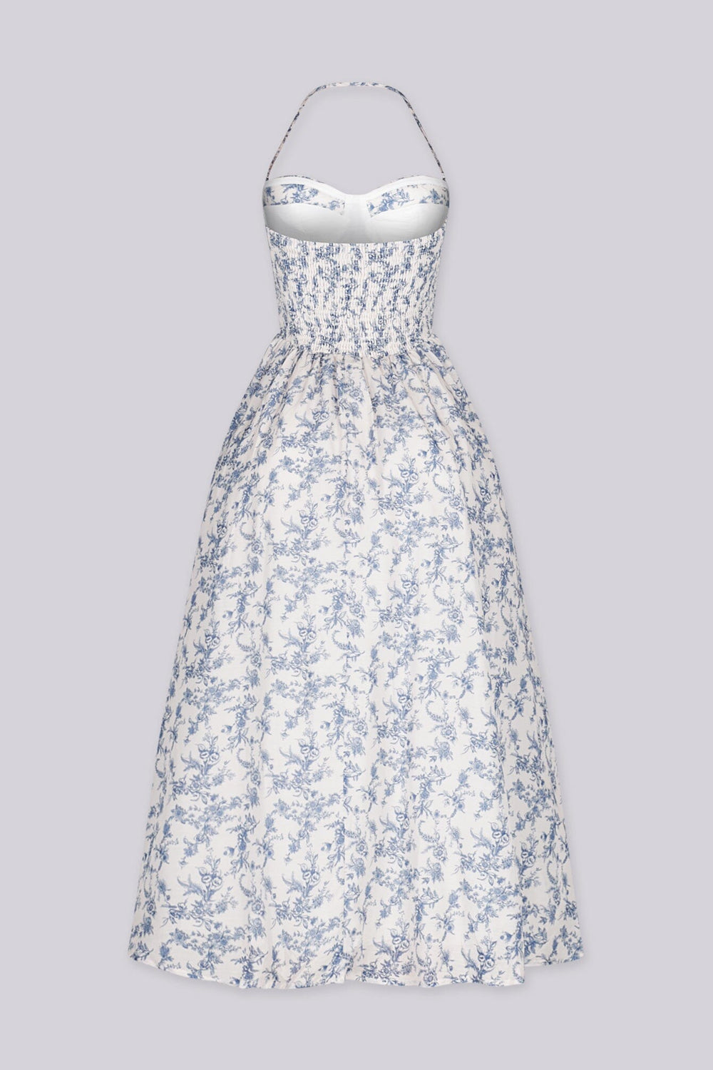 EDGE — light blue floral print halter midi dress with a full skirt, front view flat lay