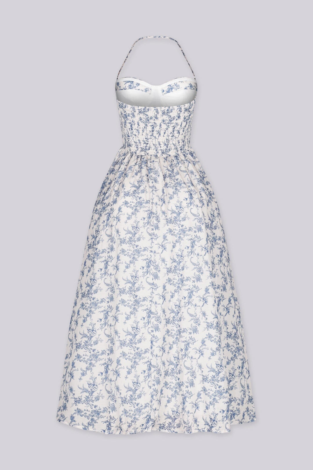 EDGE — light blue floral print halter midi dress with a full skirt, front view flat lay