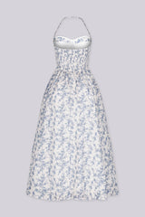 EDGE — light blue floral print halter midi dress with a full skirt, front view flat lay