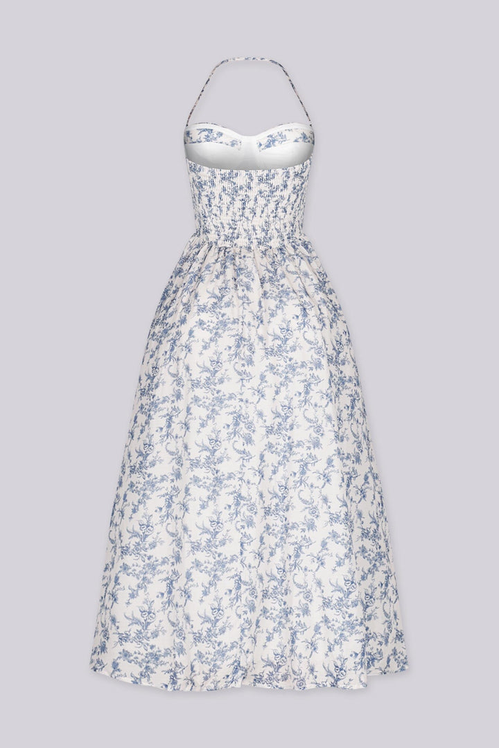 EDGE — light blue floral print halter midi dress with a full skirt, front view flat lay
