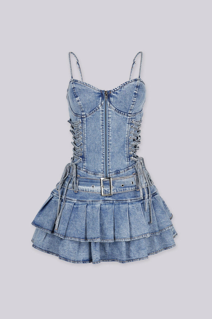 EDGEBYKS - Denim corset mini dress with lace up sides for an adjustable fit, front view