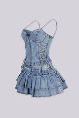 EDGEBYKS - Denim corset mini dress with lace up sides for an adjustable fit, side view