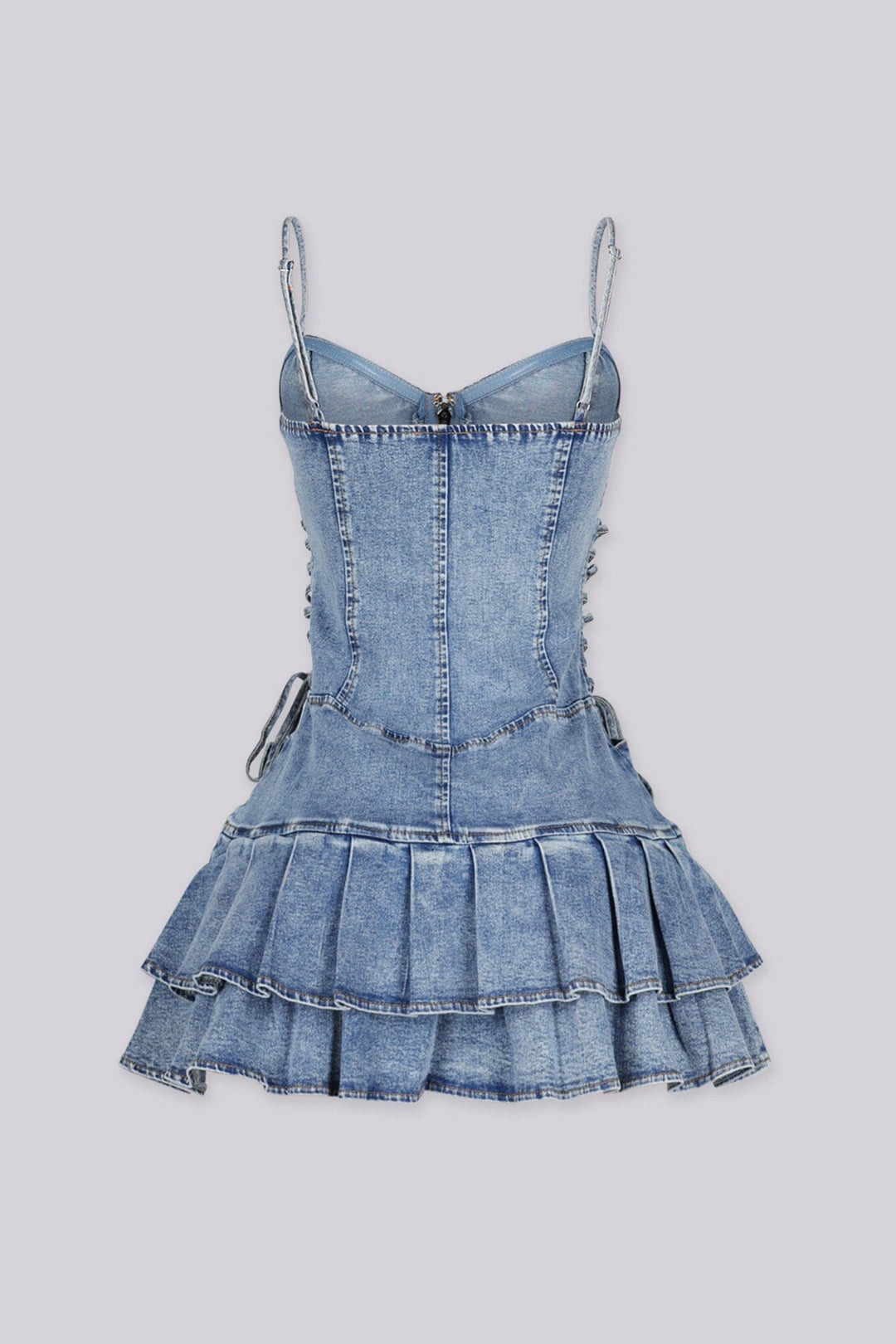 EDGEBYKS - Denim corset mini dress with lace up sides for an adjustable fit, back view