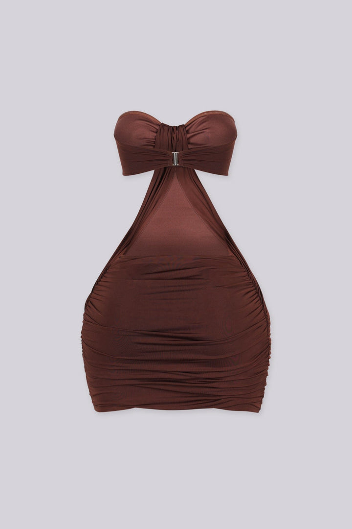 Tube top mini dress featuring ruched gathering detail at bust, Side cut-out detail at hip