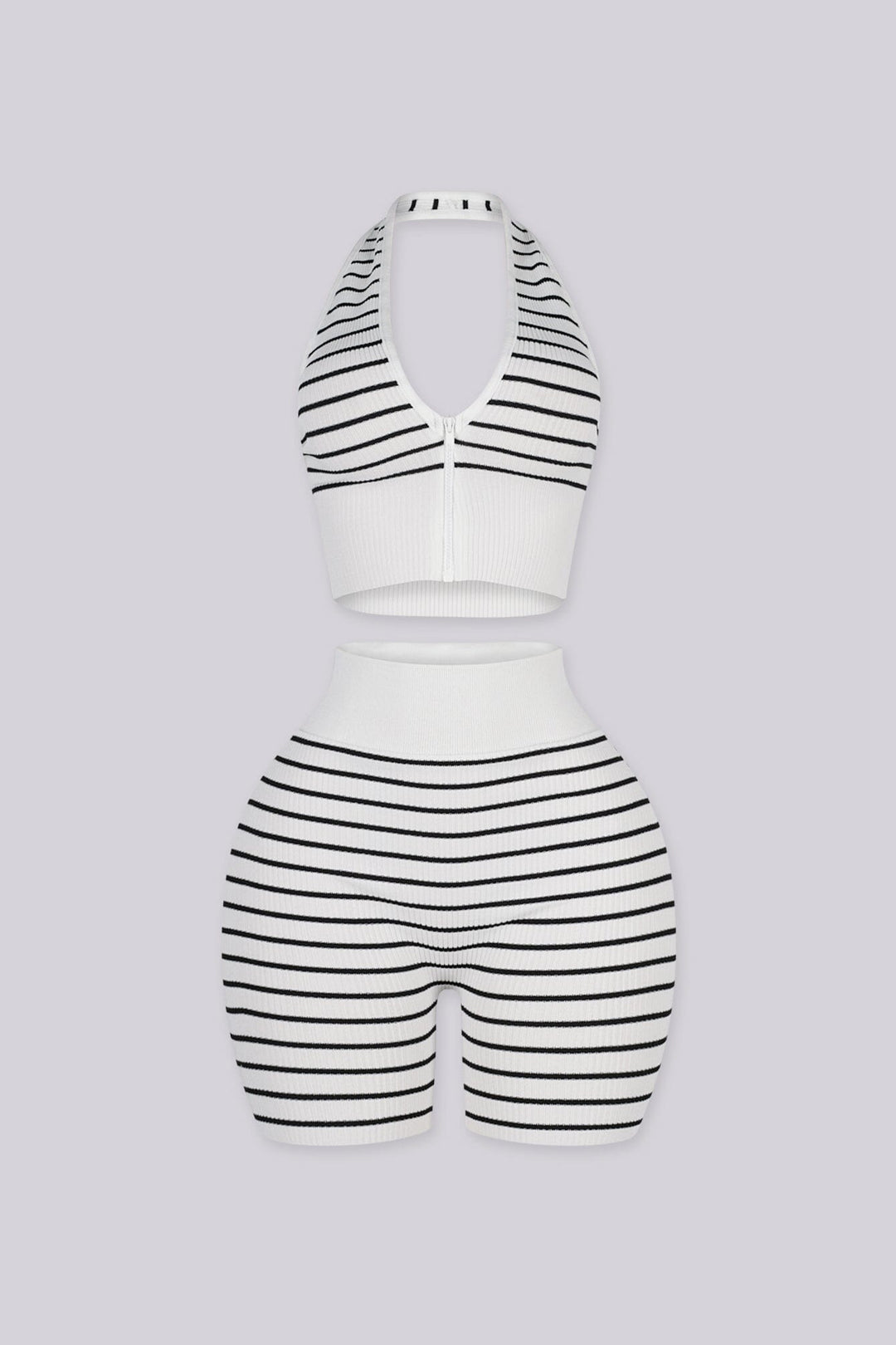 Plunging halter neckline with a half zip closure down the center front, Matching mid length biker shorts designed with a white fold over waistband