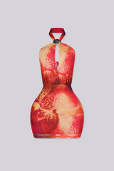 Sheer mesh halter mini dress featuring an adjustable shell shaped hardware detail
Fully open back with adjustable tie back straps