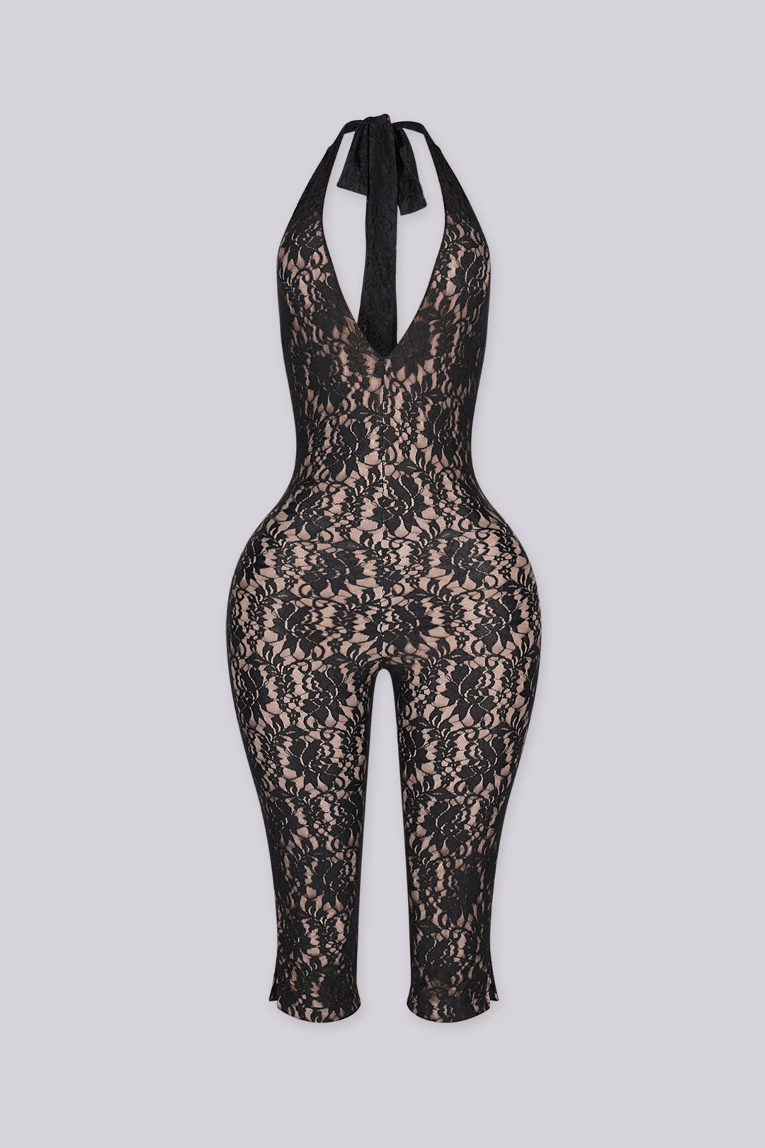 Sheer floral lace capri jumpsuit with deep V plunging halter neckline
