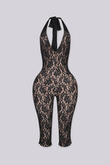 Sheer floral lace capri jumpsuit with deep V plunging halter neckline