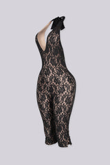 Sheer floral lace capri jumpsuit with deep V plunging halter neckline