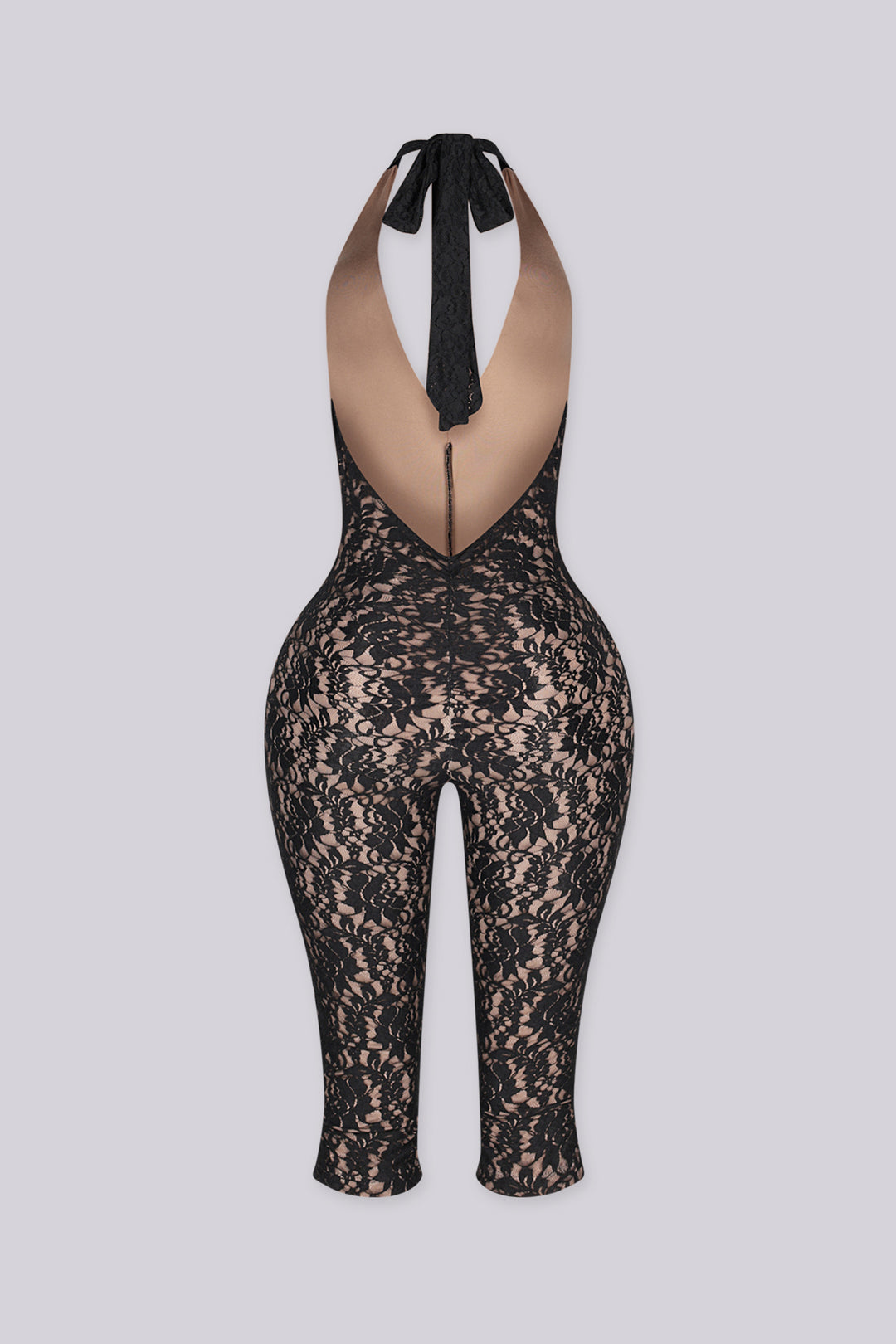 Sheer floral lace capri jumpsuit with deep V plunging halter neckline