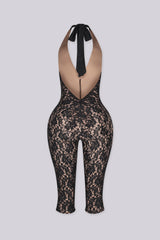 Sheer floral lace capri jumpsuit with deep V plunging halter neckline