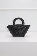 EDGE — black rhinestone-embellished top-handle bag, front view flat lay
