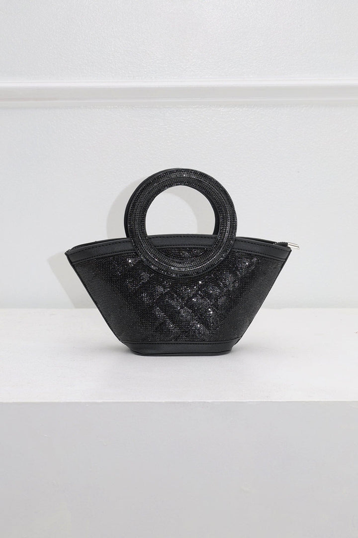 EDGE — black rhinestone-embellished top-handle bag, front view flat lay