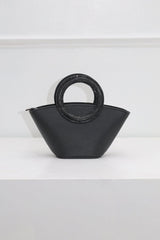EDGE — black rhinestone-embellished top-handle bag, close front view flat lay