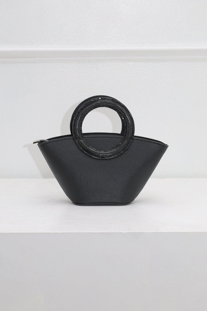 EDGE — black rhinestone-embellished top-handle bag, close front view flat lay