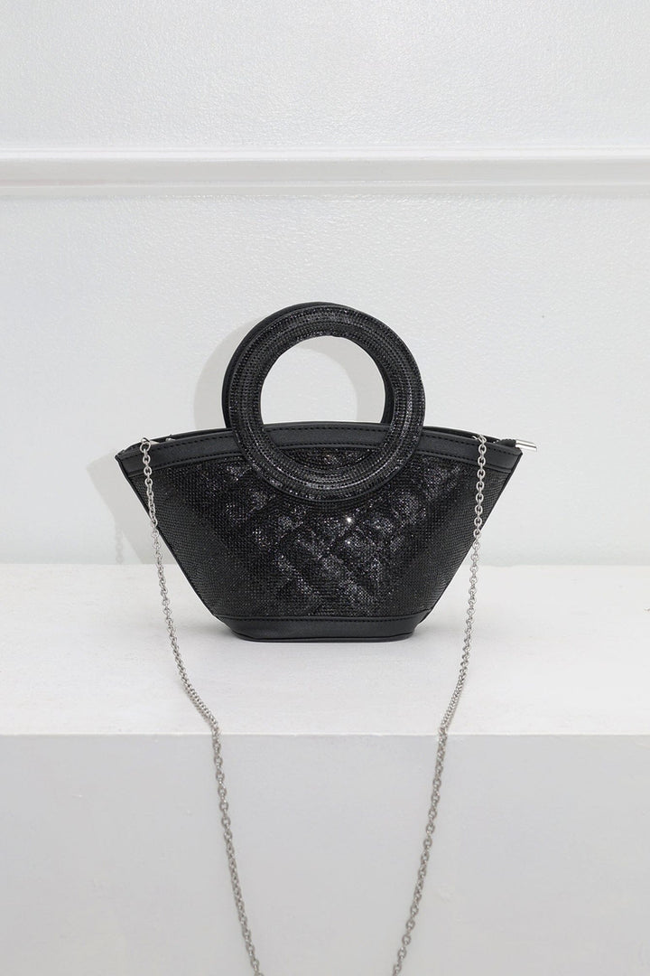EDGE — black rhinestone-embellished top-handle bag with detachable chain strap, flat lay